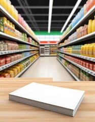 Blank Papers Stacked on Wood Supermarket Background