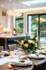 Fototapeta premium Luxurious Dining Area with Beautiful Floral Centerpiece and Light Fixtures