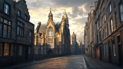 Fototapeta premium Historic city street at sunrise