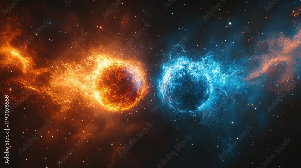 Wall mural cosmic collision colorful depiction of two proton particles colliding on black background