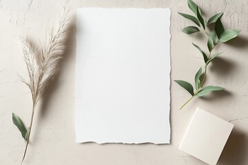 White invitation card mockup with a lagurus on a beige table. 5x7 ratio, similar to A6, A5.