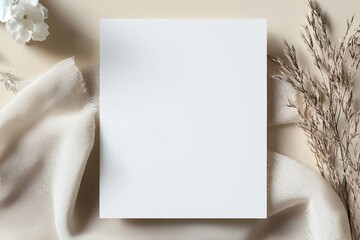 White invitation card mockup with a lagurus on a beige table. 5x7 ratio, similar to A6, A5.