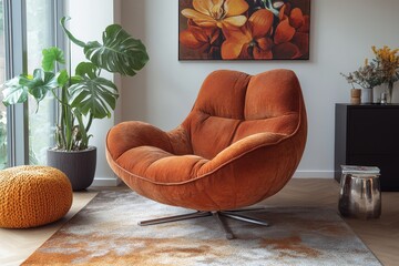 Stylish brown corduroy armchair with silver legs, placed on a rug in a minimalist living room, showcasing modern decor and natural lighting.