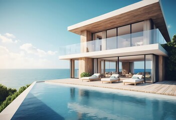 Fototapeta premium Modern Oceanfront House With Infinity Pool And Deck Loungers