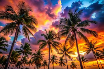 Obraz premium Dramatic sunset silhouettes: Palm trees sway gently after a storm, a breathtaking backdrop for fashion.