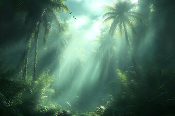 Obraz premium Lush Tropical Rainforest with Sunlight Streaming Through Fog