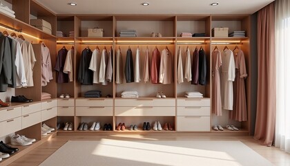Spacious modern closet with color-coordinated clothes and shoes on display, featuring a minimalist, organized vibe