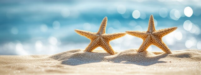 Two starfish resting on sandy beach with shimmering ocean in the background.