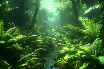 Lush Tropical Forest with Sunlight Streaming Through Canopy