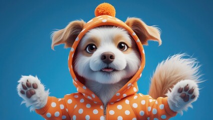 A playful, cuddly dog with a fluffy white coat, floppy ears, and big brown eyes is depicted by generative AI against a vibrant, electric blue background, wearing a bright orange hoodie covered in smal