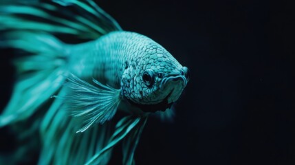 Teal betta fish with flowing fins, dark background.