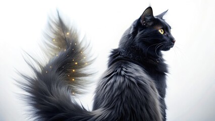 Obraz premium Ethereal black feline, back view isolated, radiating dark magic in a surreal, mystical photo.