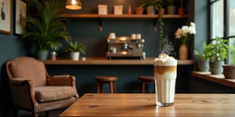 Aromatic Coffee Drink with Whipped Cream on Wooden Table in Cozy Cafe