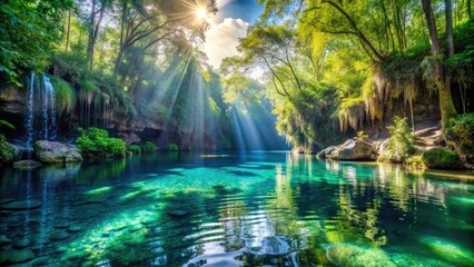 Obraz premium Explore Cenote Azul, Quintana Roo: stunning crystal-clear waters, vibrant underwater photography, and a captivating bokeh effect.