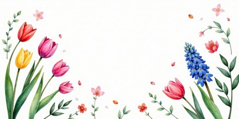 Naklejka premium A Springtime Floral Border Featuring Tulips, Hyacinths, and Delicate Blossoms, Perfect for Invitations or Announcements