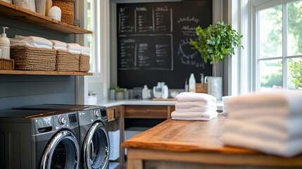 Modern Laundry Room with Top Load Washers, Organized Shelving, and Bright Natural Light for Efficient Home Cleaning