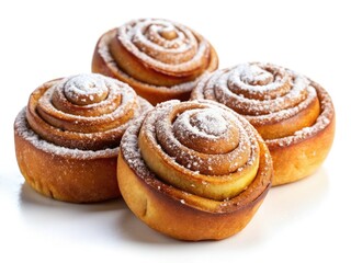 Fototapeta premium Fluffy cinnamon rolls, powdered sugar coating, a perfect sweet treat on white.
