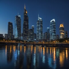 Obraz premium A city skyline illuminated during blue hour with reflections on a calm river.