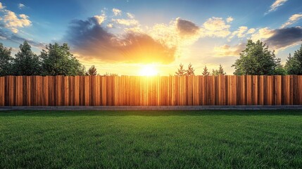 Fototapeta premium Sunset over wooden fence and green lawn.