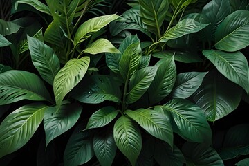 Close up group of background tropical green leaves texture and abstract background. Generative AI