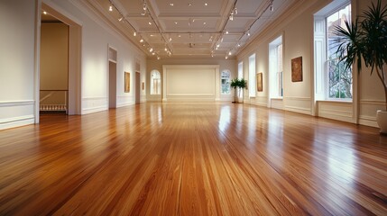 Fototapeta premium A spacious, well-lit gallery with blank white walls and polished wooden floors.