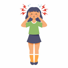 Girl with acute headache. Symptom of viral disease or intestinal infection