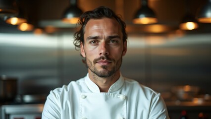 Fototapeta premium Portrait of a chef in a crisp white jacket, blurred kitchen background with warm lighting. Confident expression and detailed facial textures evoke culinary mastery. No visible hands or tools.