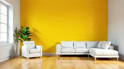 Bright Yellow Brick Accent Wall Modern Living Room Design with White Sofa and Armchair
