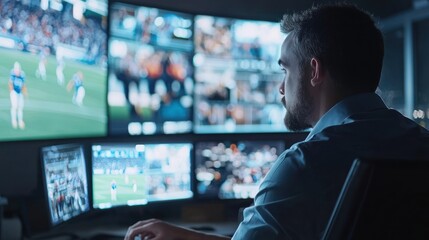 A sports agent reviewing game footage in their office.