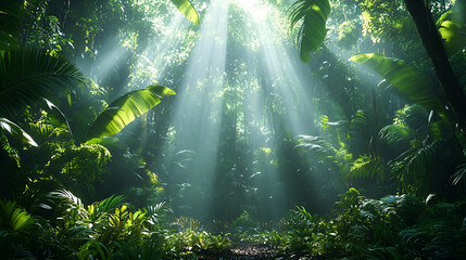 Obraz premium Lush Tropical Jungle with Sunlight Streaming Through Canopy