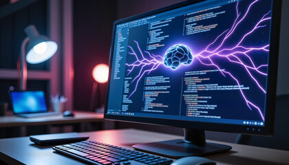 Close-up of computer monitor displaying complex artificial intelligence code with neon visuals in a high-tech environment