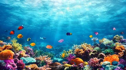 Naklejka premium Vibrant Coral Reef Underwater Paradise Tropical Fish Ocean Scene