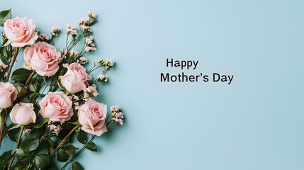 Happy Mother s Day Pink Roses Flowers Bouquet on Blue Background