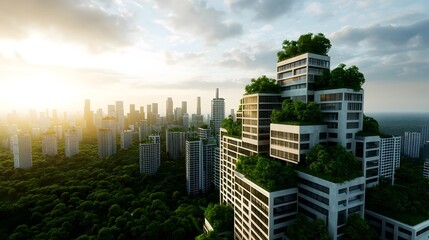 Obraz premium Eco Friendly Cityscape Green Buildings Urban Nature at Sunset