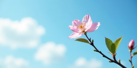 A Delicate Pink Blossom Against a Serene Blue Sky with Soft White Clouds