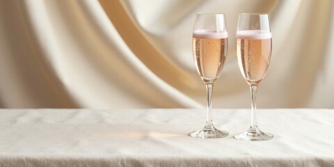 Two glasses of sparkling ros? on a cream-colored tablecloth against a soft draped background.