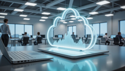 Futuristic office space showcasing cloud computing technology with sleek metallic surfaces and soft lighting