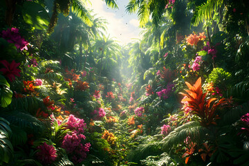 Obraz premium Lush Tropical Rainforest Path Bathed in Sunlight, Vibrant Flowers and Greenery