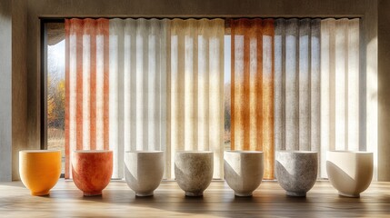 Colorful bowls on wooden table near sheer curtains and autumnal window view.
