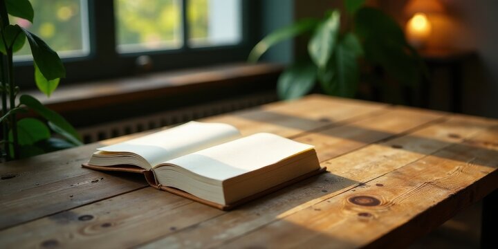 Open book rests on rustic wooden table bathed in sunlight near leafy plants