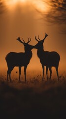 Naklejka premium A close-up of two deer nuzzling each other in the wild with copy space.