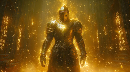 Luminous Golden Knight in Enchanted Forest