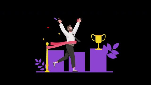 A jubilant European man celebrates winning a competition with arms raised and confetti falling.