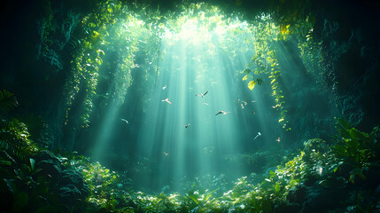 Magical Forest Sunlight: An ethereal dreamscape of vibrant green leaves and sunbeams piercing through a lush canopy