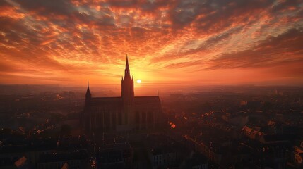 Fototapeta premium Fiery sunset over city cathedral