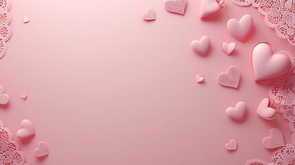 Fototapeta premium Pink hearts and lace border on pink background