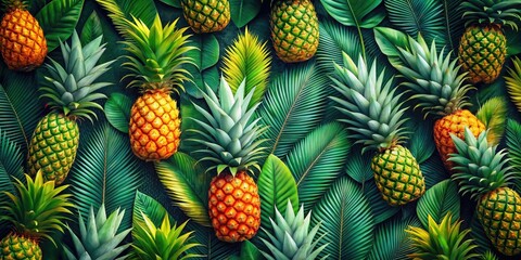 Fototapeta premium Lush green foliage frames a vibrant pineapple, creating a tropical summer paradise wallpaper.