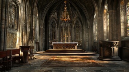 Obraz premium Serene church interior, sunlight streams in.