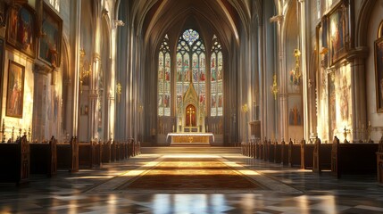 Obraz premium Tranquil church interior, sunlit pews