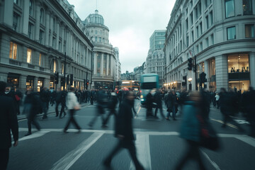 Walking People Blur in City of London Panoramic View of Busy Crosswalk and Vibrant Urban Lifestyle







